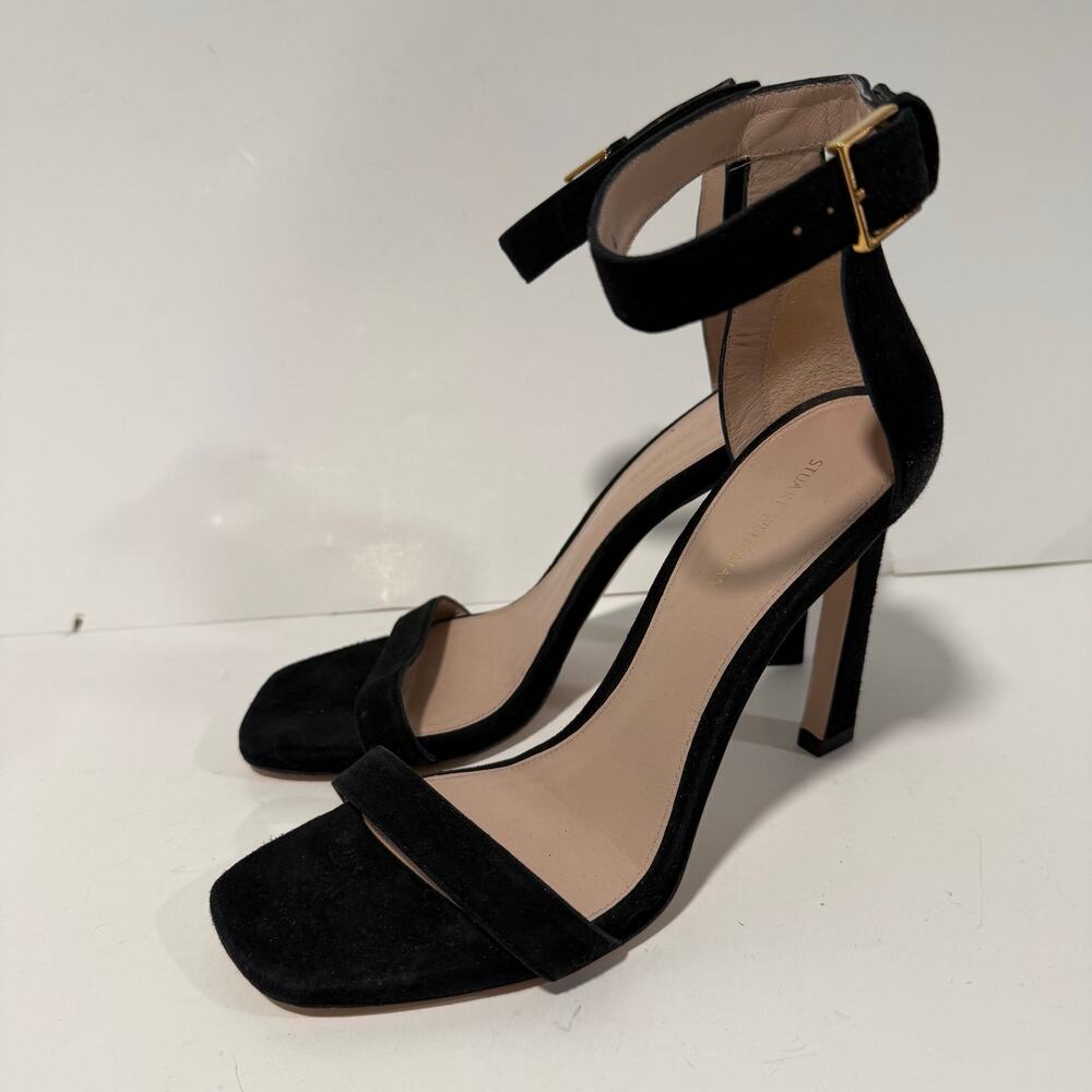 Stuart Weitzman‎ Women's Square Nudist Sandals High Heel Black Suede 8